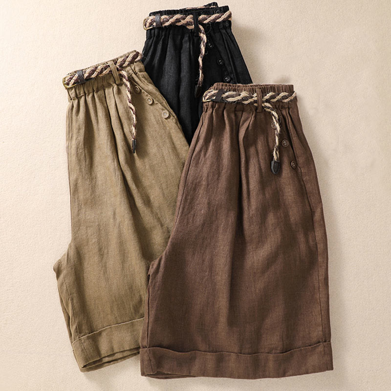 Buddha Stones Casual Solid Color Turn Up Cuff Belt Cotton Linen Women's Shorts With Pockets - image 18
