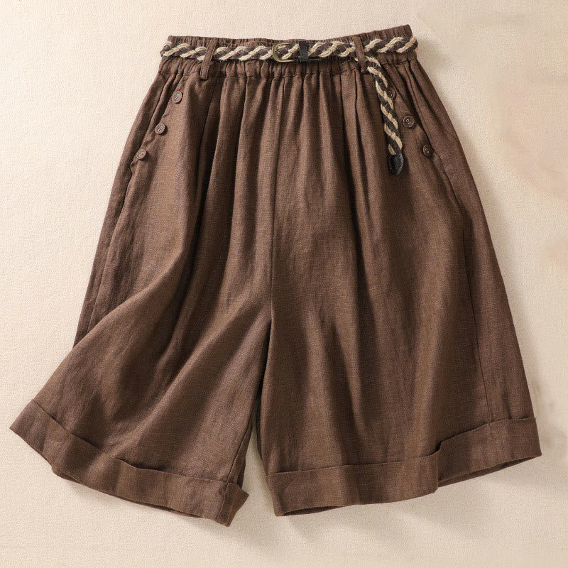 Buddha Stones Casual Solid Color Turn Up Cuff Belt Cotton Linen Women's Shorts With Pockets - Sienna - US8-10,UK/AU12-14,EU40-42 (2XL) - image 12