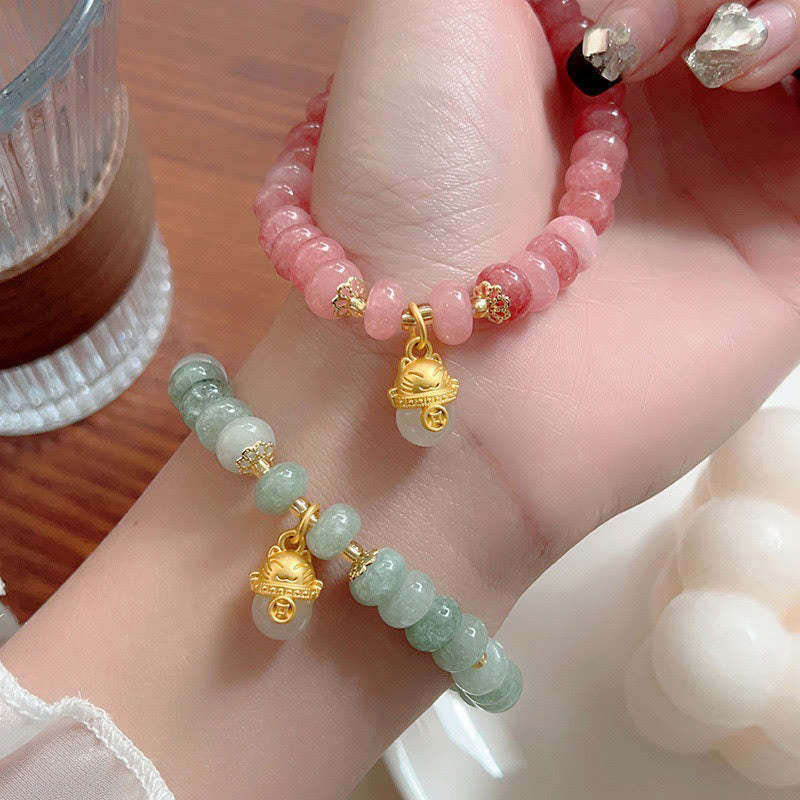 Foviel Erdbeerquarz cyanfarbene Jade Glückliche Katze Perlen spirituell Armband