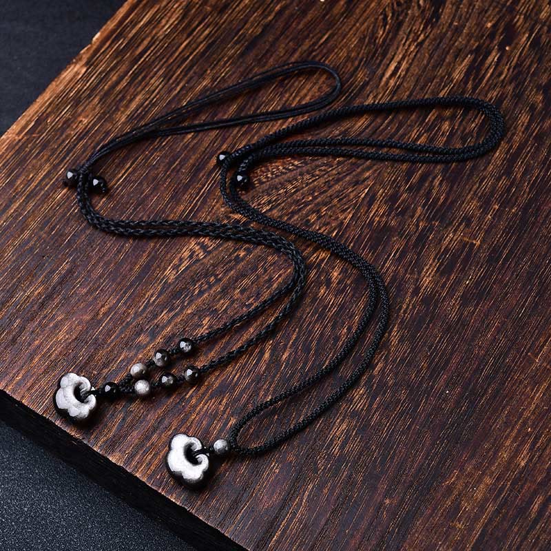 Buddha Stones Natural Silver Sheen Obsidian Auspicious Clouds Protection Soothing Necklace Pendant Necklaces & Pendants BS 7