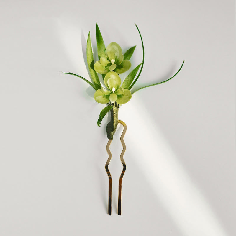 Foviel Handmade Velvet Flower Mulberry Silk Green Flowers Leaves Brooch Hairpin