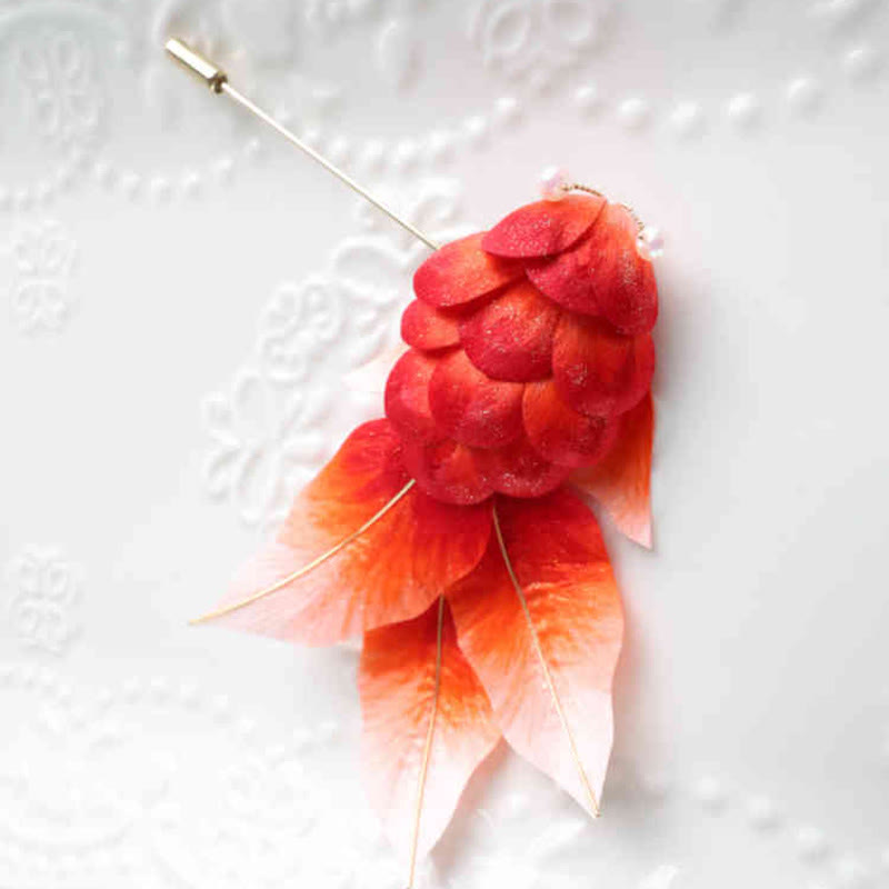 Foviel Handmade Yangzhou Velvet Flower Mulberry Silk Red Koi Fish Leaves Brooch Hair Clip