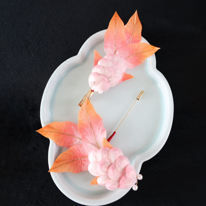Foviel Handmade Yangzhou Velvet Flower Mulberry Silk Red Koi Fish Leaves Brooch Hair Clip