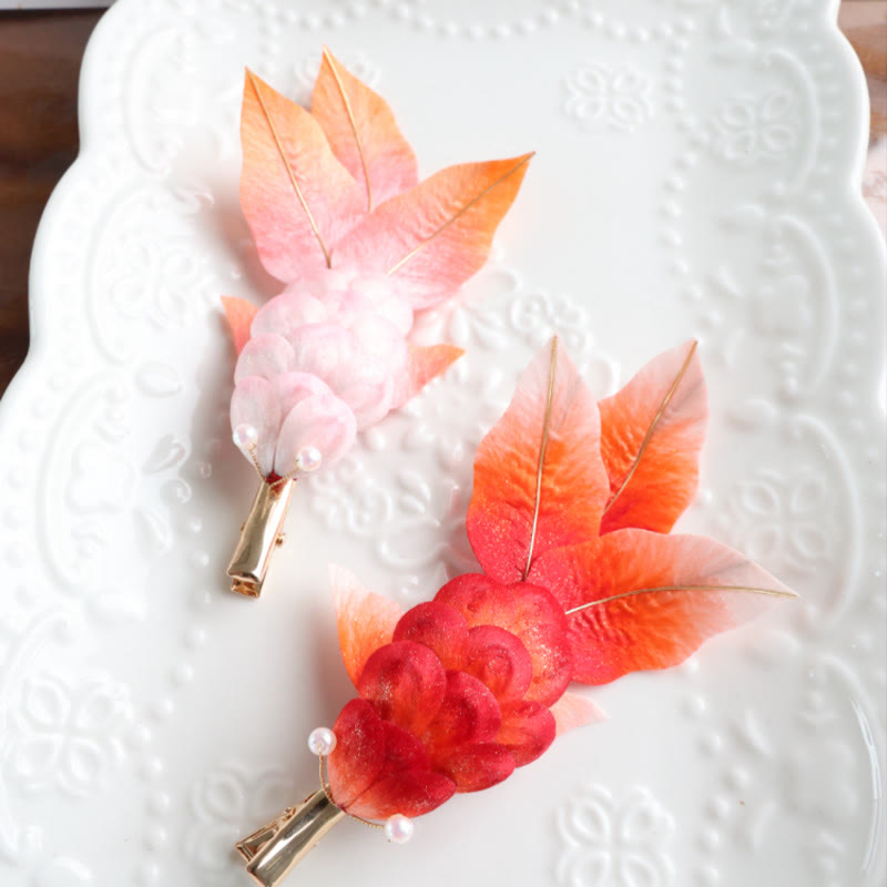 Foviel Handmade Yangzhou Velvet Flower Mulberry Silk Red Koi Fish Leaves Brooch Hair Clip