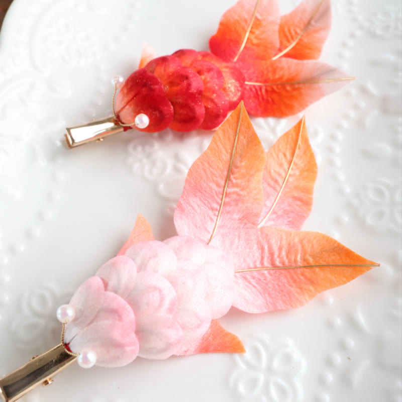 Foviel Handmade Yangzhou Velvet Flower Mulberry Silk Red Koi Fish Leaves Brooch Hair Clip