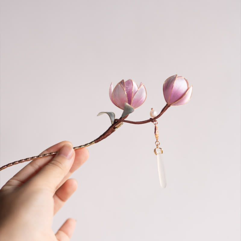 Foviel Handgefertigt Yangzhou Velvet Blume Mulberry Seide Lila Magnolia Brosche Haarnadel