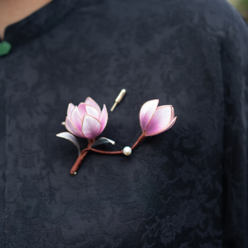 Foviel Handgefertigt Yangzhou Velvet Blume Mulberry Seide Lila Magnolia Brosche Haarnadel