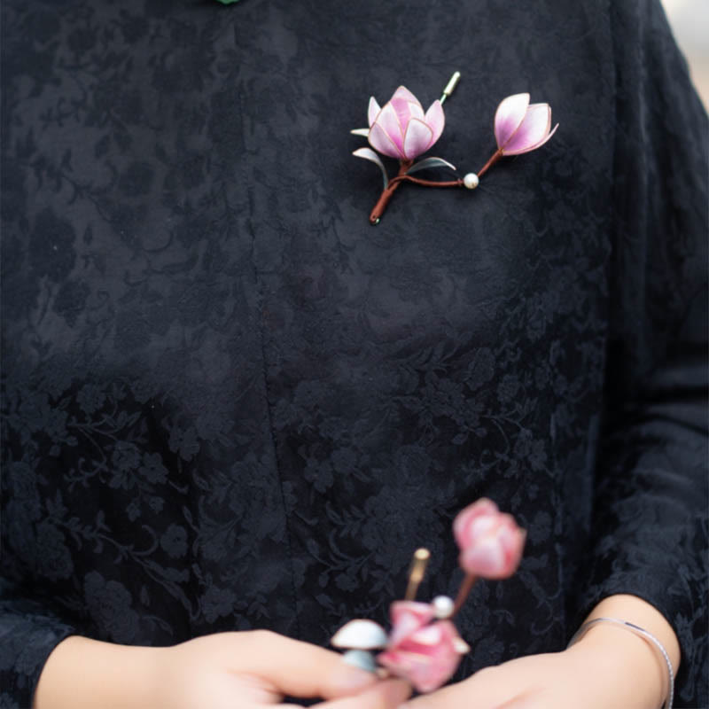 Foviel Handgefertigt Yangzhou Velvet Blume Mulberry Seide Lila Magnolia Brosche Haarnadel