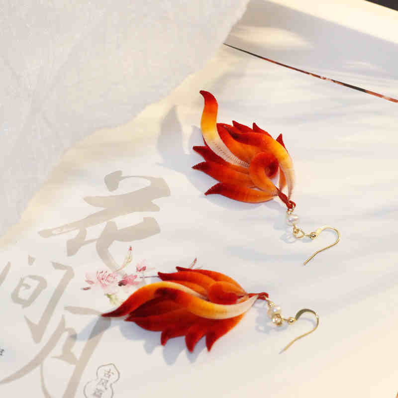 Foviel 14K Gold-plated Copper Handmade Velvet Flower Mulberry Silk Red Feather Drop Earrings