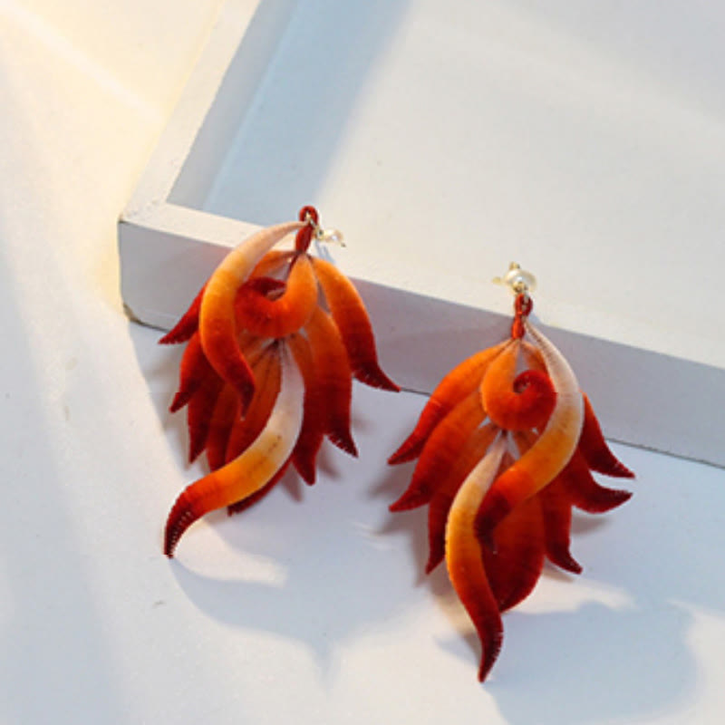 Foviel 14K Gold-plated Copper Handmade Velvet Flower Mulberry Silk Red Feather Drop Earrings