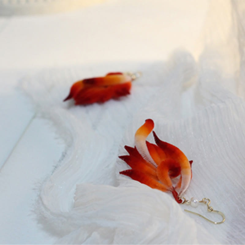 Foviel 14K Gold-plated Copper Handmade Velvet Flower Mulberry Silk Red Feather Drop Earrings