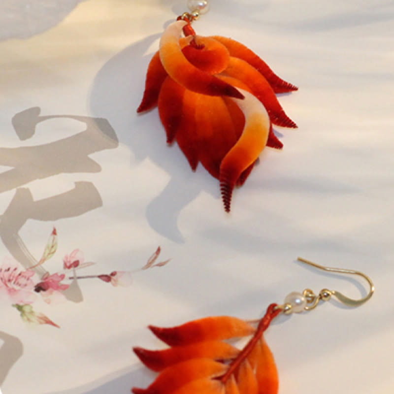 Foviel 14K Gold-plated Copper Handmade Velvet Flower Mulberry Silk Red Feather Drop Earrings