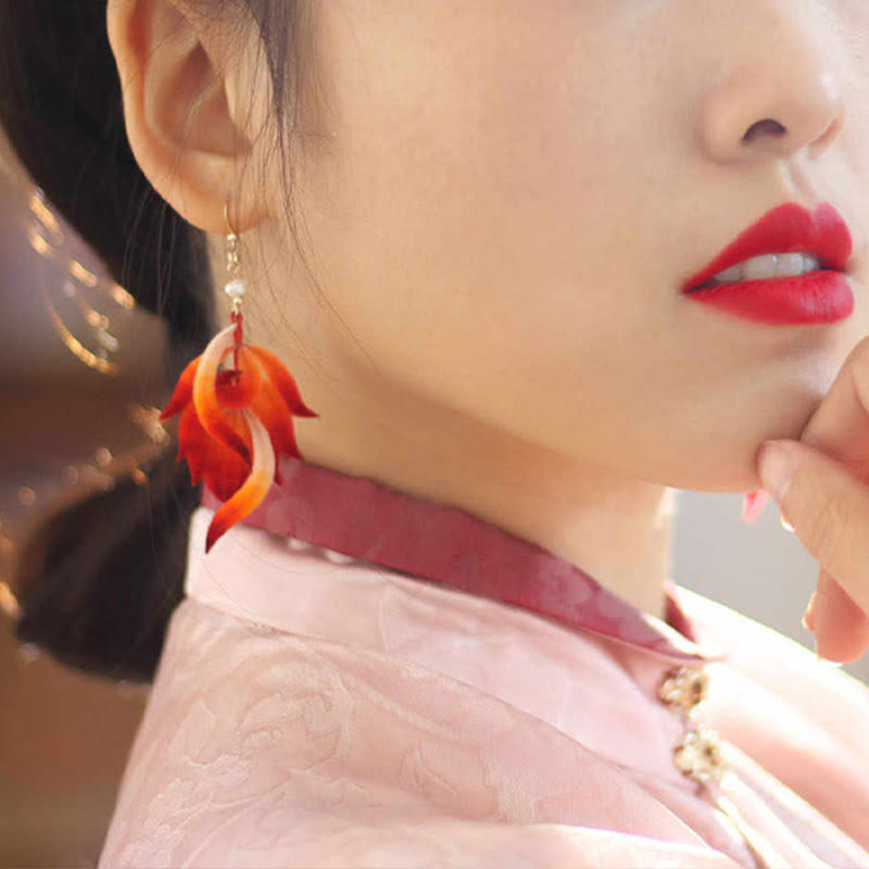 Foviel 14K Gold-plated Copper Handmade Velvet Flower Mulberry Silk Red Feather Drop Earrings