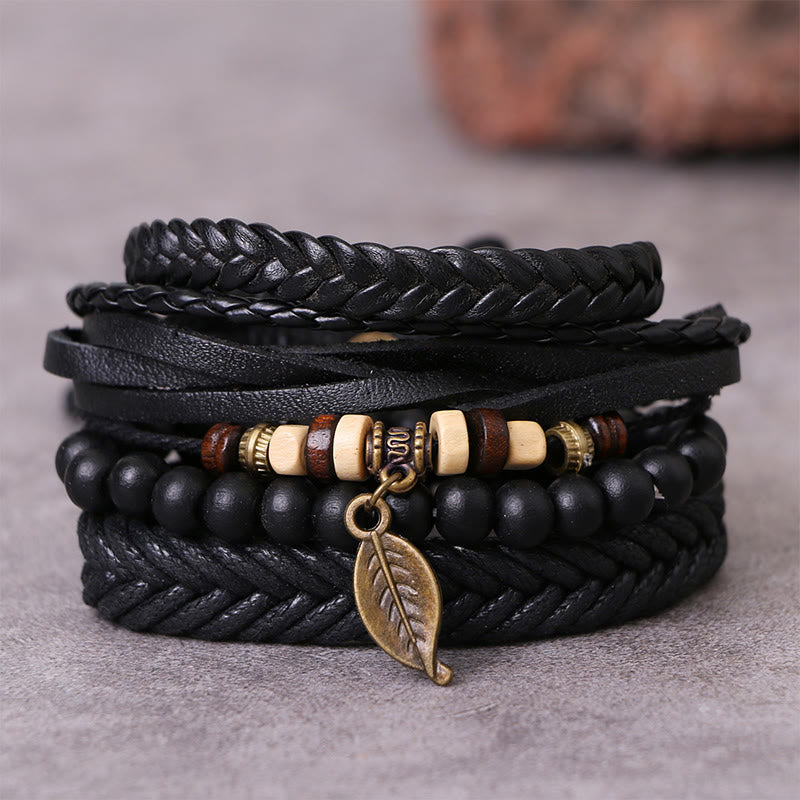 Foviel Leaf Multi-layer Twisted Leather Resin Beads Courage Bracelet Set