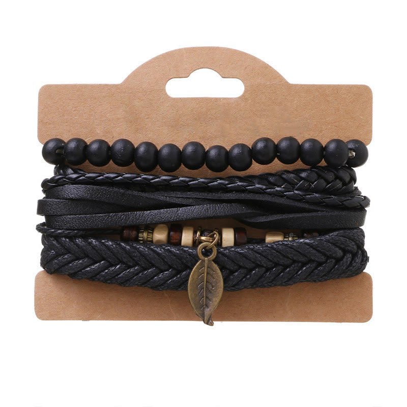 Foviel Leaf Multi-layer Twisted Leather Resin Beads Courage Bracelet Set