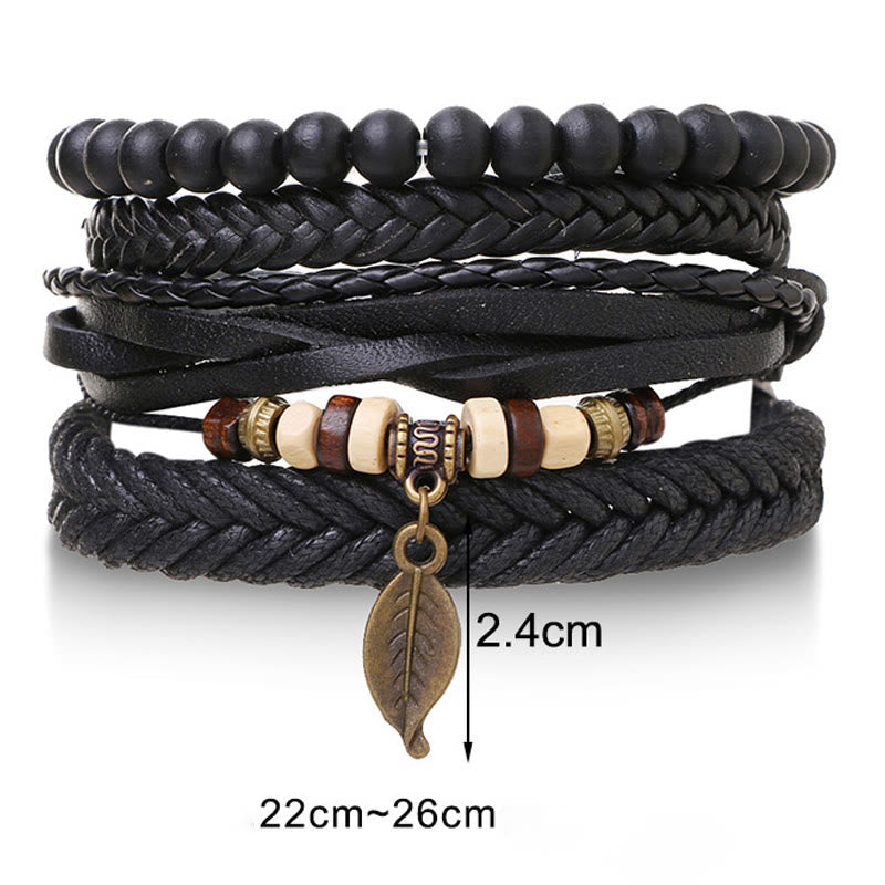 Foviel Leaf Multi-layer Twisted Leather Resin Beads Courage Bracelet Set