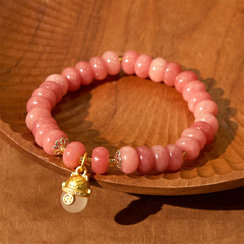 Foviel Erdbeerquarz cyanfarbene Jade Glückliche Katze Perlen spirituell Armband