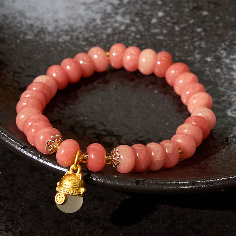 Foviel Erdbeerquarz cyanfarbene Jade Glückliche Katze Perlen spirituell Armband