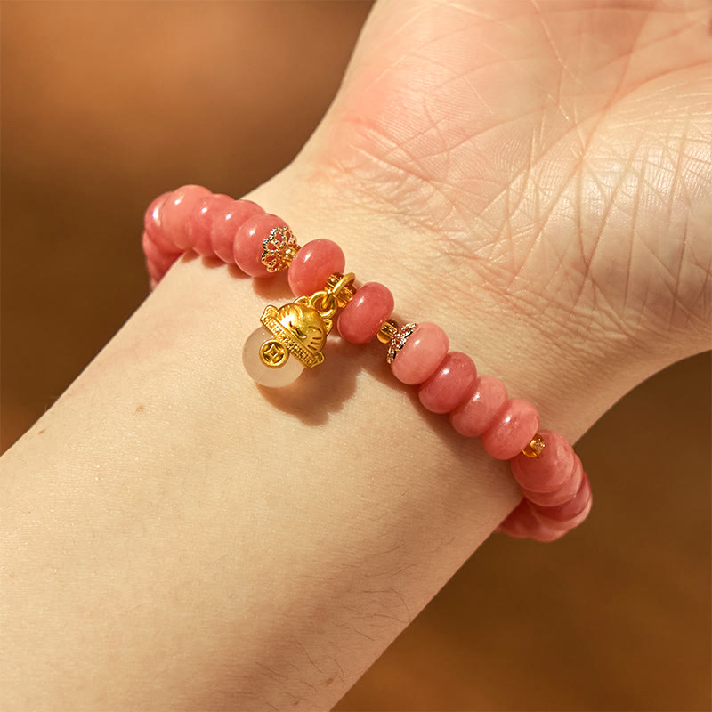 Foviel Erdbeerquarz cyanfarbene Jade Glückliche Katze Perlen spirituell Armband
