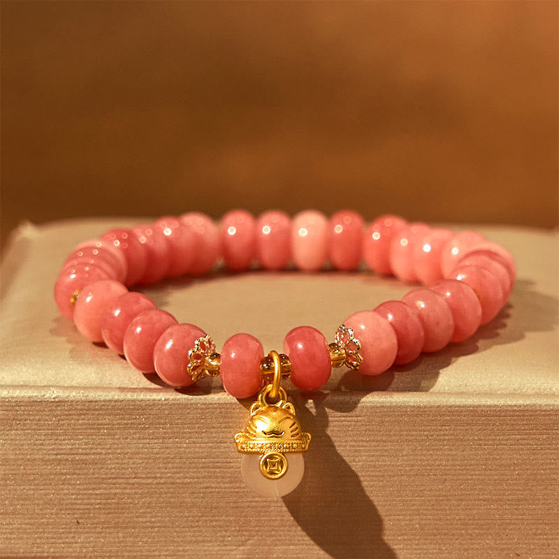 Foviel Erdbeerquarz cyanfarbene Jade Glückliche Katze Perlen spirituell Armband