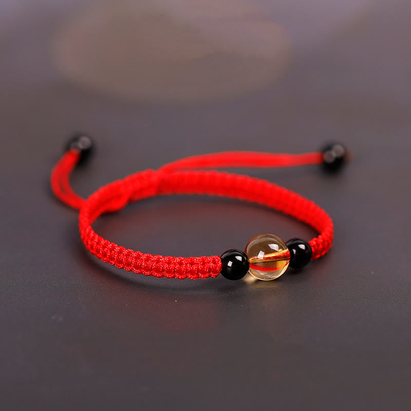 Foviel Handcrafted Citrine Black Obsidian Bead King Kong Knot Peace Knot Luck Rope Bracelet