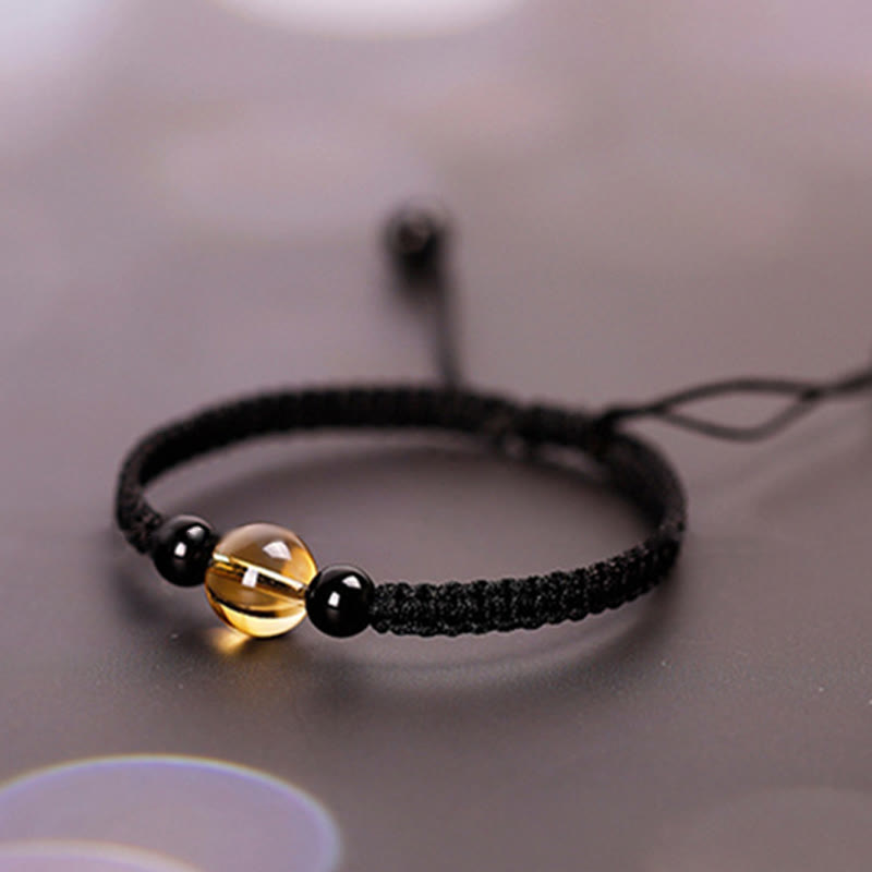 Foviel Handcrafted Citrine Black Obsidian Bead King Kong Knot Peace Knot Luck Rope Bracelet