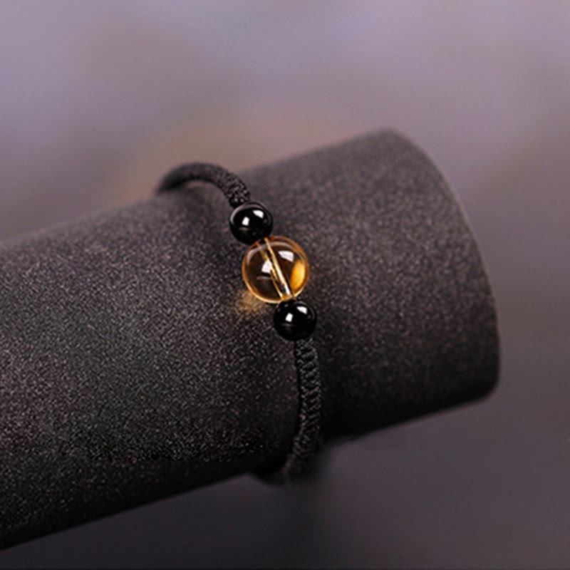 Foviel Handcrafted Citrine Black Obsidian Bead King Kong Knot Peace Knot Luck Rope Bracelet