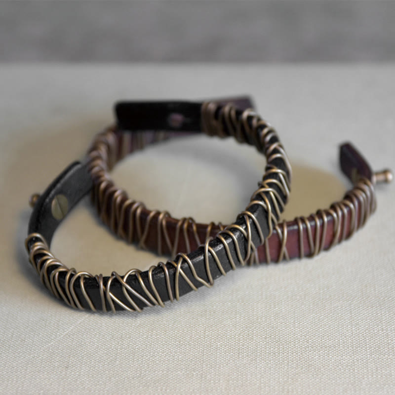 Foviel Vintage Leather Copper Brass Wire Wrap Balance Bracelet