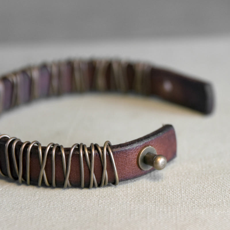 Foviel Vintage Leather Copper Brass Wire Wrap Balance Bracelet