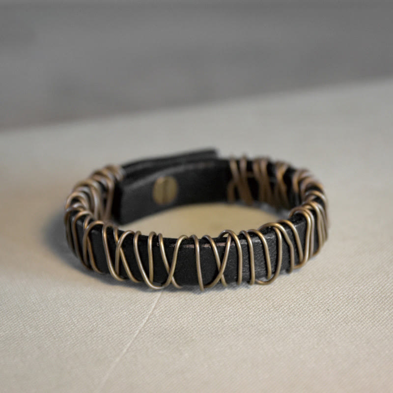 Foviel Vintage Leather Copper Brass Wire Wrap Balance Bracelet