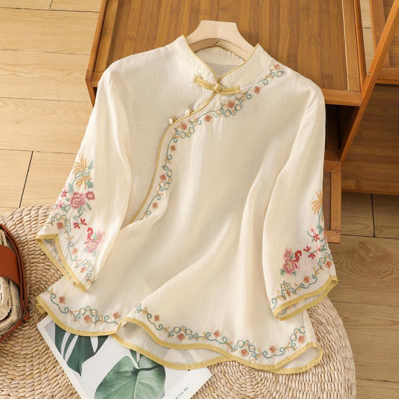 Buddha Stones Casual Women's Embroidered Flower Stand Collar Design Three Quarter Sleeve Cotton Linen Shirt - OldLace - US8-10,UK/AU12-14,EU40-42 (2XL) - image 0