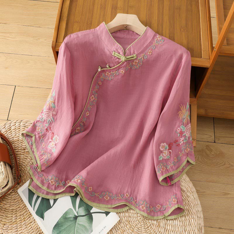 Buddha Stones Casual Women's Embroidered Flower Stand Collar Design Three Quarter Sleeve Cotton Linen Shirt - PaleVioletRed - US8-10,UK/AU12-14,EU40-42 (2XL) - image 15
