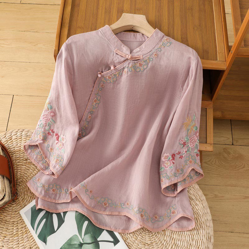 Buddha Stones Casual Women's Embroidered Flower Stand Collar Design Three Quarter Sleeve Cotton Linen Shirt - RosyBrown - US8-10,UK/AU12-14,EU40-42 (2XL) - image 5