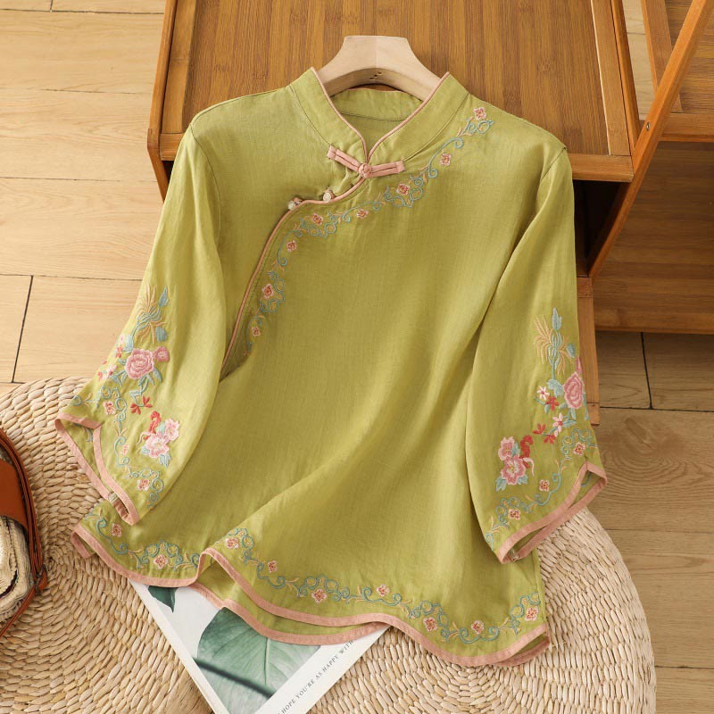 Buddha Stones Casual Women's Embroidered Flower Stand Collar Design Three Quarter Sleeve Cotton Linen Shirt - YellowGreen - US8-10,UK/AU12-14,EU40-42 (2XL) - image 8