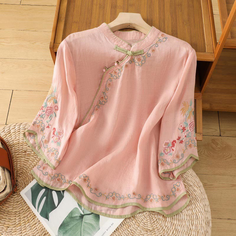 Buddha Stones Casual Women's Embroidered Flower Stand Collar Design Three Quarter Sleeve Cotton Linen Shirt - MistyRose - US8-10,UK/AU12-14,EU40-42 (2XL) - image 2