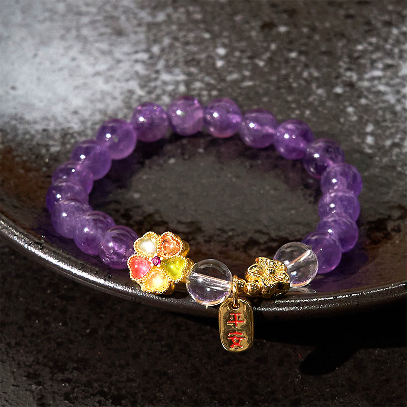 Buddha Stones Natural Amethyst White Crystal Flower Healing Safe And Well Charm Bracelet - image 1
