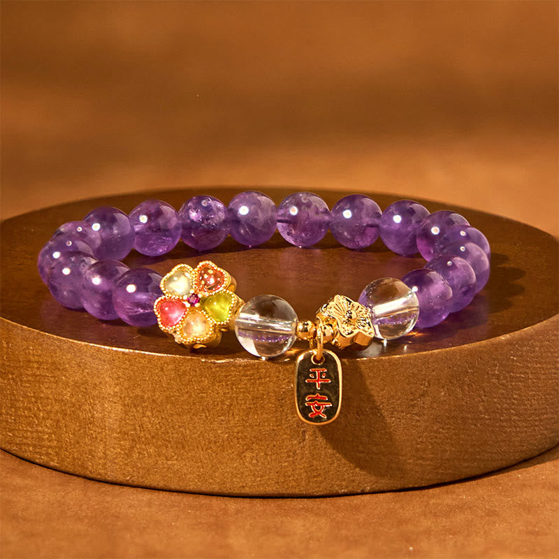 Buddha Stones Natural Amethyst White Crystal Flower Healing Safe And Well Charm Bracelet - image 3