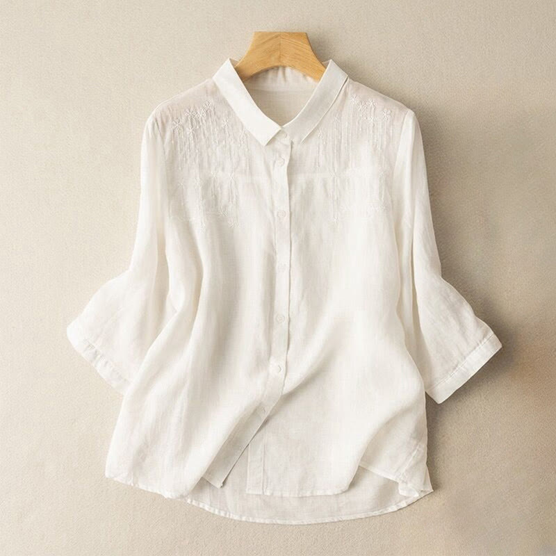Buddha Stones Casual Women's Embroidery Standing Collar Half Sleeve Design Shirt - White - US8-10,UK/AU12-14,EU40-42 (2XL) - image 5