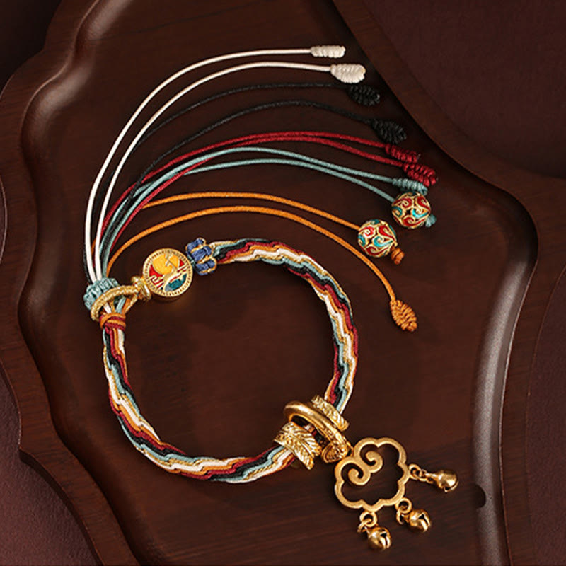 Foviel Handmade Dunhuang Color Deer Auspicious Cloud Peace Lock Bell Healing Reincarnation Knot Bracelet