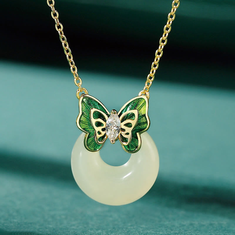 Foviel 925 Sterling Silver Natural Hetian Jade Peace Buckle Butterfly Zircon Luck Bracelet Necklace Pendant