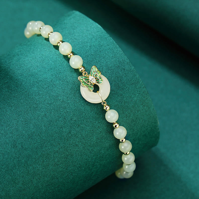 Foviel 925 Sterling Silver Natural Hetian Jade Peace Buckle Butterfly Zircon Luck Bracelet Necklace Pendant