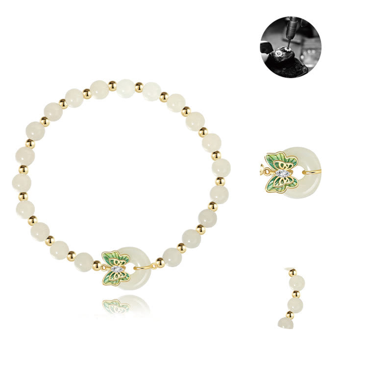 Foviel 925 Sterling Silver Natural Hetian Jade Peace Buckle Butterfly Zircon Luck Bracelet Necklace Pendant
