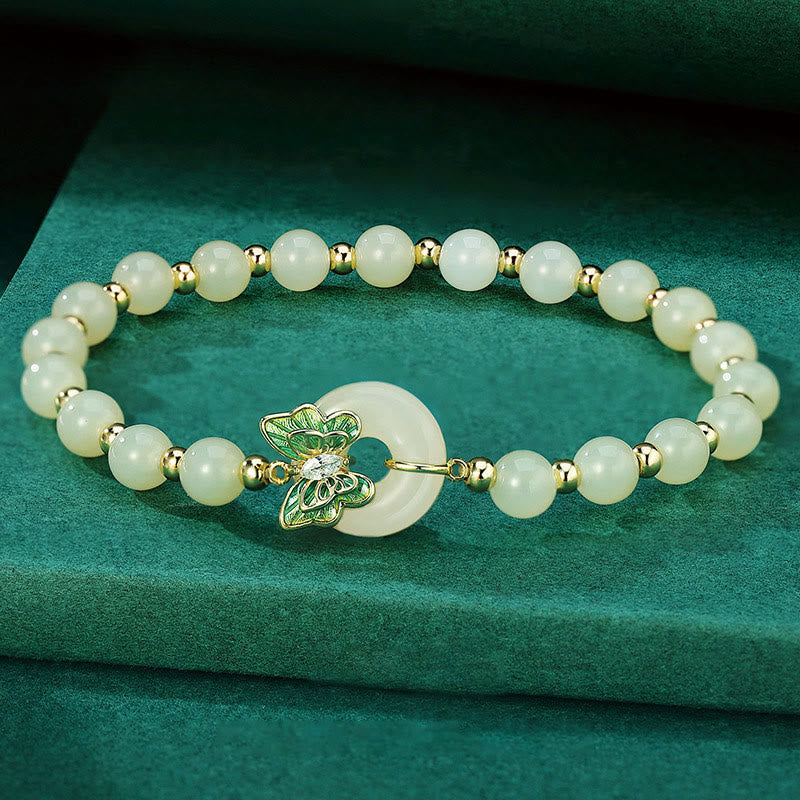 Foviel 925 Sterling Silver Natural Hetian Jade Peace Buckle Butterfly Zircon Luck Bracelet Necklace Pendant