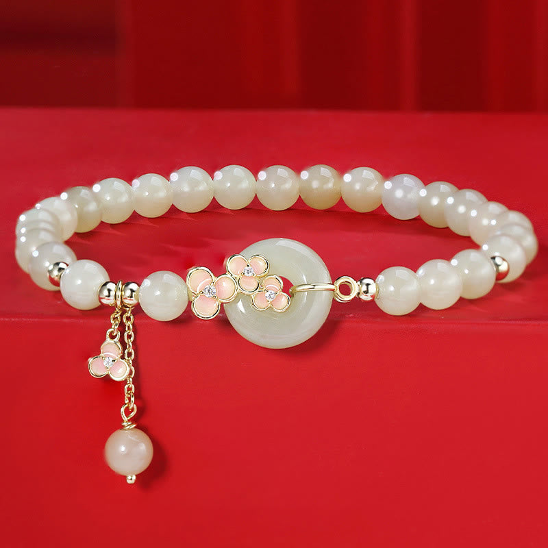 Foviel 925 Sterling Silber Natürlich Hetian-Jade Pfirsichblüte Frieden Schnalle Zircon Glück Armband Halskette Anhänger