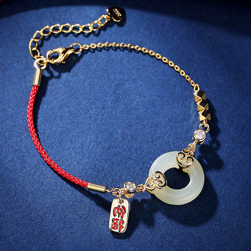 Foviel Pendentif Collier Bracelet de chance en argent sterling 925, boucle de paix en jadéite de Hetian naturelle en forme de gourde avec zircon