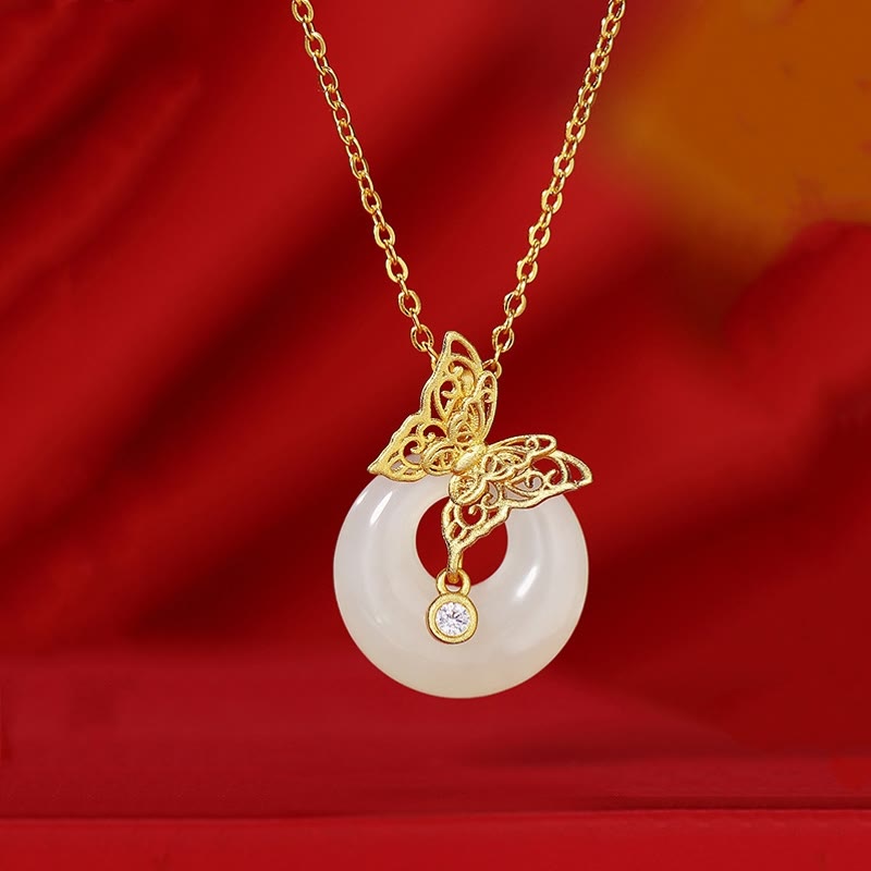 Foviel 925 Sterling Silver Natural Hetian Jade Butterfly Prosperity Necklace Pendant