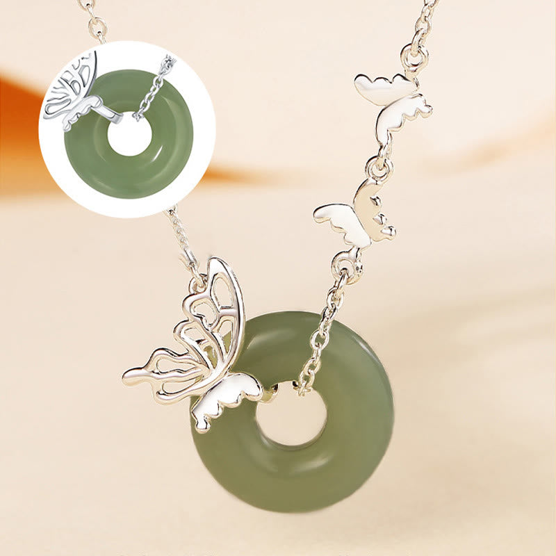 Foviel 925 Sterling Silver Natural Hetian Jade Peace Buckle Butterfly Luck Prosperity Bracelet Necklace Pendant