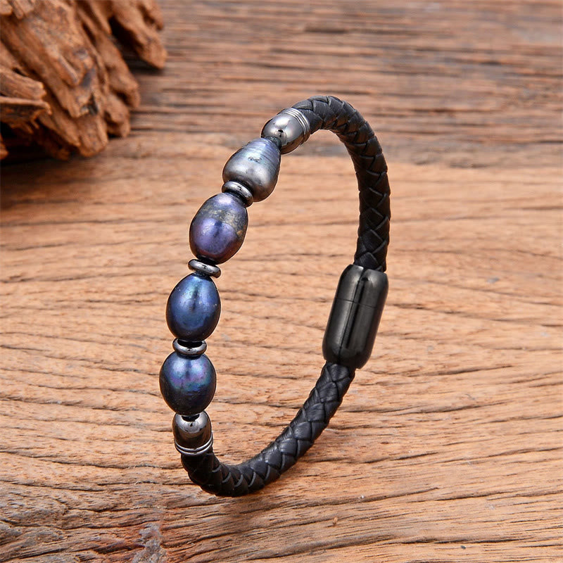 Foviel Handgefertigt Irreguläre Perlen spirituell Leder Titan Stahl Schnalle Armband