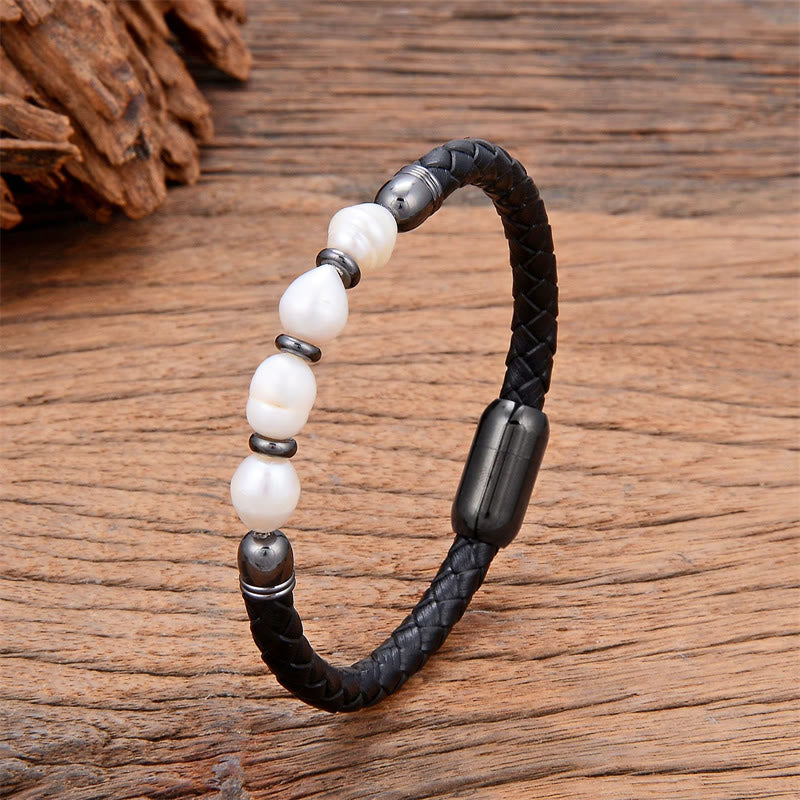 Foviel Handgefertigt Irreguläre Perlen spirituell Leder Titan Stahl Schnalle Armband