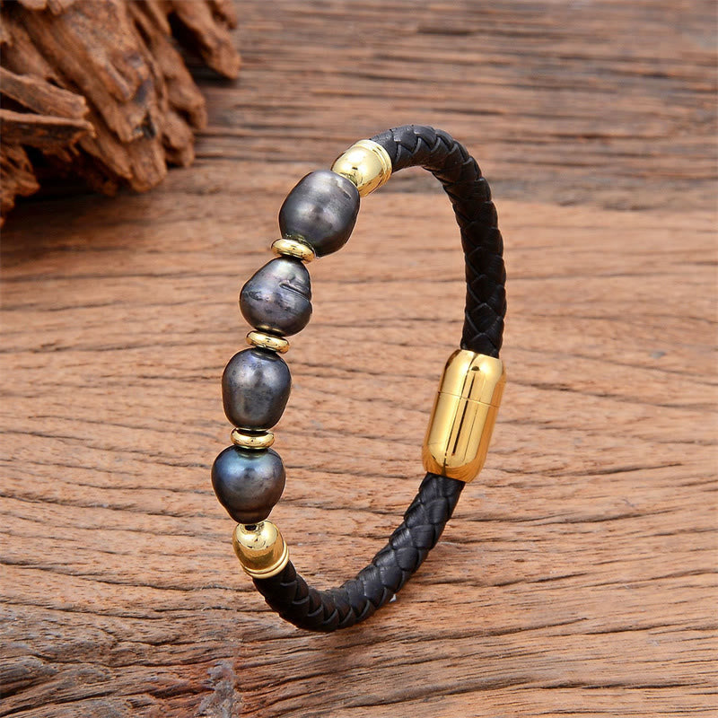 Foviel Handgefertigt Irreguläre Perlen spirituell Leder Titan Stahl Schnalle Armband